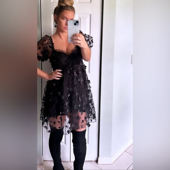 Thirty Thirty LA 3D Butterfly Babydoll Dress, Black S Mini Dress - Picture 3 of 9